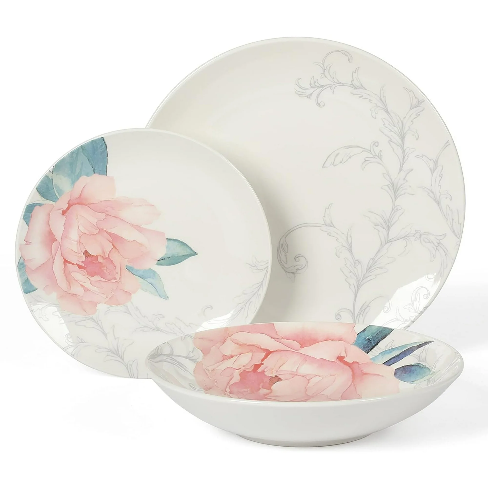 Martha Stewart Everyday Peony 12 Piece Round Fine Ceramic Dinnerware Set in White and Pink Martha Stewart Everyday Peony 12 Piece Round Fine Ceramic Dinnerware Set in White and Pink